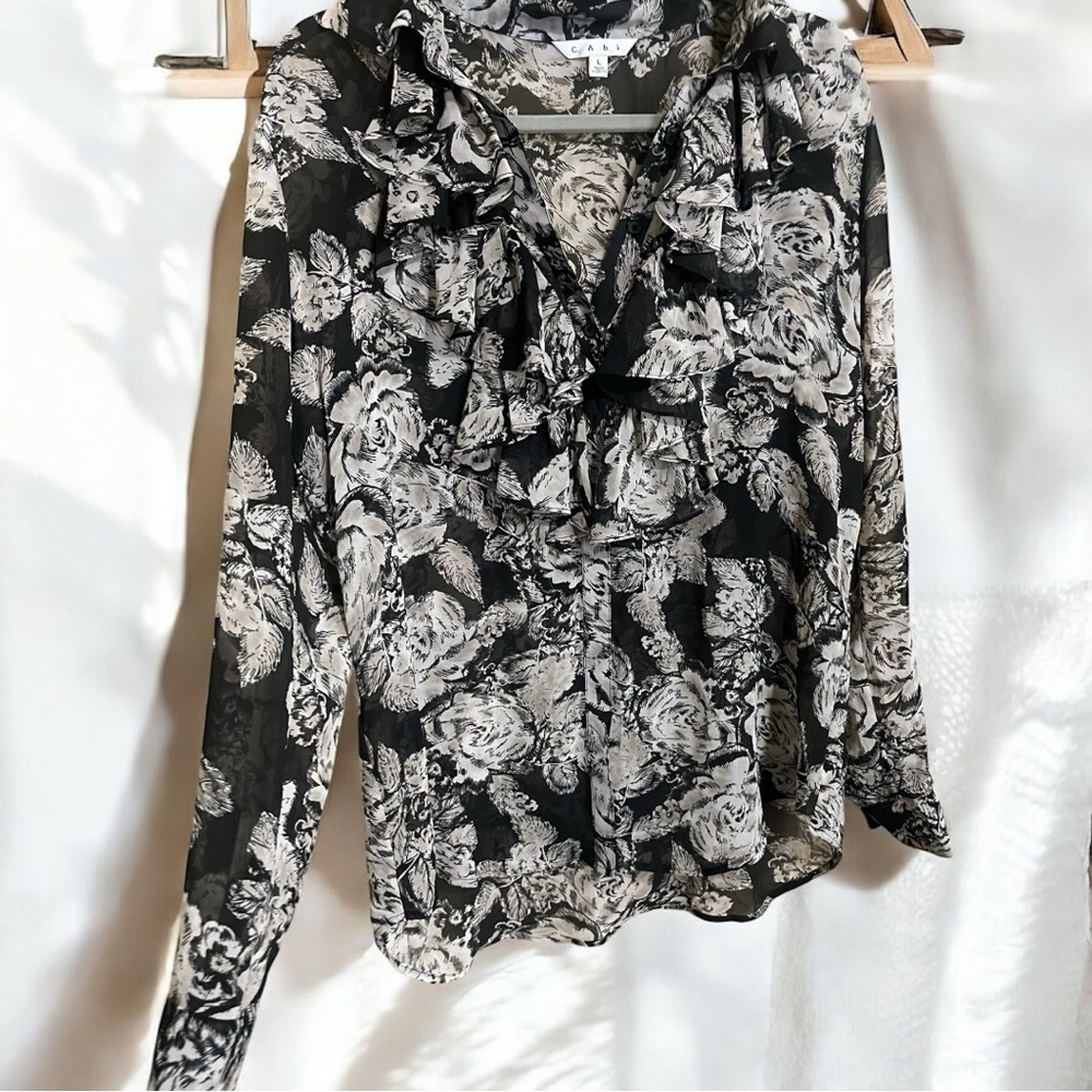 CAbi Black Floral Semi Sheer Ruffle Button Front Blouse Shirt Long Sleeve Large